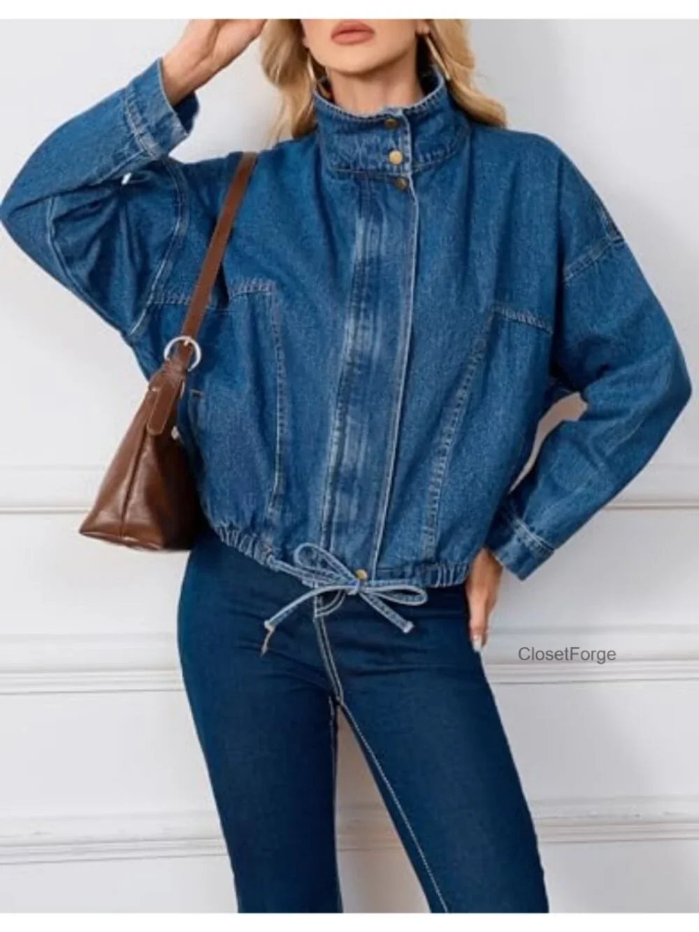 Oversized Boyfriend Denim Bomber Jacket Long Sleeve Zip Up Shacket